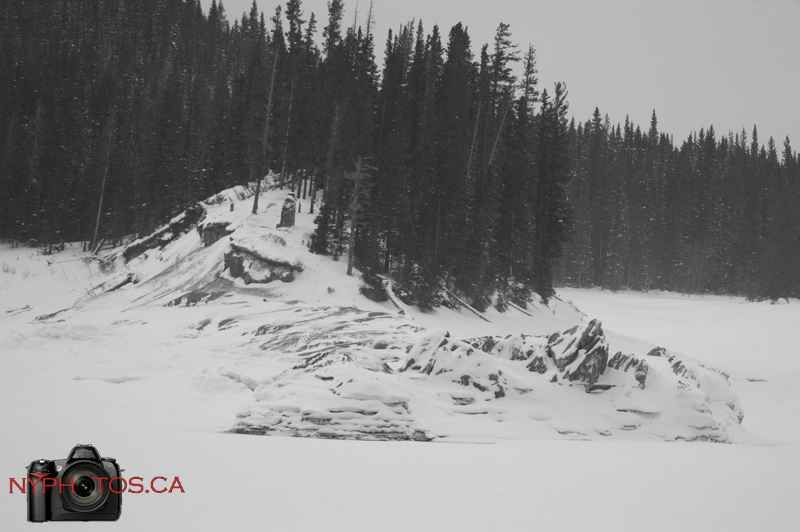 frozen upper kananaskis lake - black and white.jpg